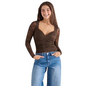 Juniors' madden girl Long Sleeve Lace Top with Bra Cups
