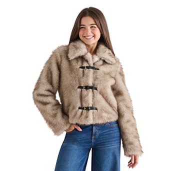 Juniors' madden girl Faux Fur Jacket With Belt Toggle