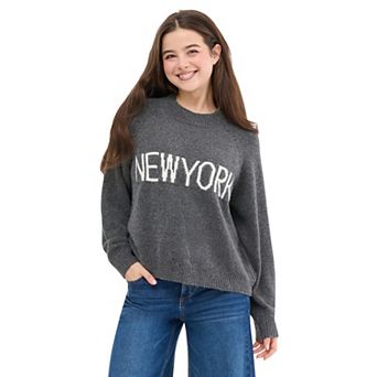 Juniors' madden girl Long Sleeve Crewneck New York Jacquard Pullover