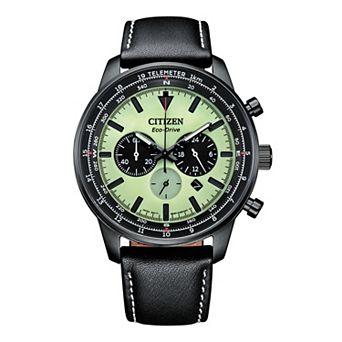 Citizen Men’s 44mm Eco-Drive Sport Chronograph Black IP Stainless Steel Leather Strap Watch - CA4505-21X