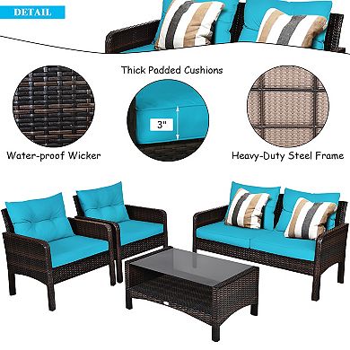 Costway Patio Rattan Furniture Set Loveseat Sofa Coffee Table W/ Cushion