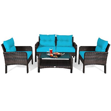 Costway Patio Rattan Furniture Set Loveseat Sofa Coffee Table W/ Cushion