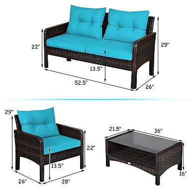 Costway Patio Rattan Furniture Set Loveseat Sofa Coffee Table W/ Cushion