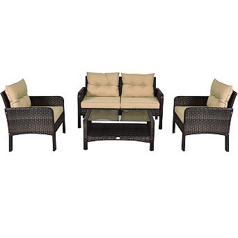 Costway Patio Rattan Furniture Set Loveseat Sofa Coffee Table W/ Cushion