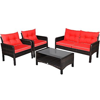 Costway Patio Rattan Furniture Set Loveseat Sofa Coffee Table W/ Cushion
