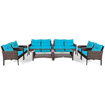 Costway Patio Rattan Furniture Set Loveseat Sofa Coffee Table W/ Cushion