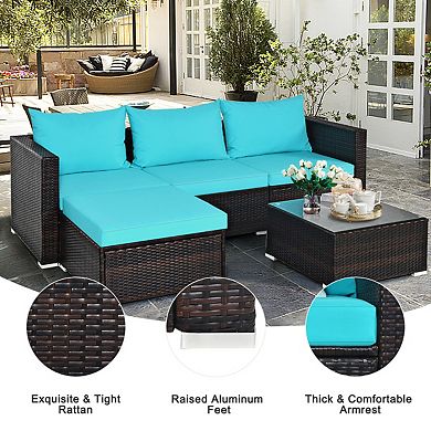 Costway 5PCS Patio Rattan Furniture Set Sectional Conversation Sofa w/ Coffee Table