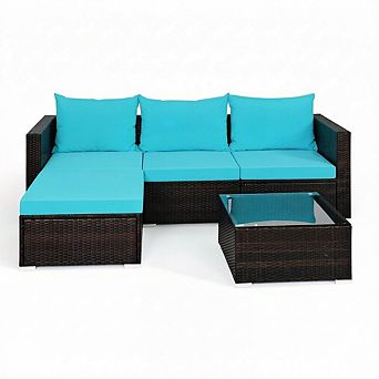 Costway 5 pc Patio Rattan Furniture Set Sectional Conversation Sofa w/ Coffee Table