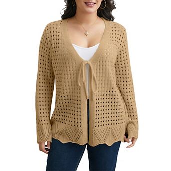 Women's Plus Size Boho Crochet Cardigan Lightweight Long Sleeve Open Front Oversized Sweater