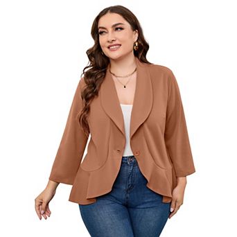 Women's Plus Size Blazer Notch Panel Work Business Casual Outfits Dressy Suit Jacket Peplum Blazers