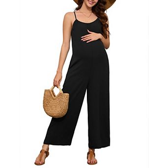 Women Maternity One Piece Romper Sleeveless Square Neck Ribbed Stretchy Wide Leg Jumpsuit
