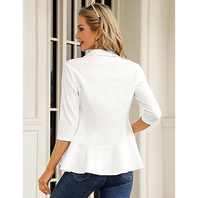 Women's 3/4 Sleeve Ruffle Blazer Open Front Casual Work Office Cardigan Jacket