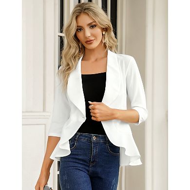 Women's 3/4 Sleeve Ruffle Blazer Open Front Casual Work Office Cardigan Jacket