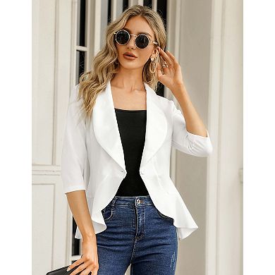 Women's 3/4 Sleeve Ruffle Blazer Open Front Casual Work Office Cardigan Jacket