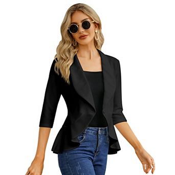 Women's 3/4 Sleeve Ruffle Blazer Open Front Casual Work Office Cardigan Jacket