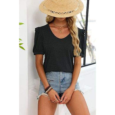 Women's Solid V-Neck T-Shirt Puff Short Sleeve Casual Summer Blouse