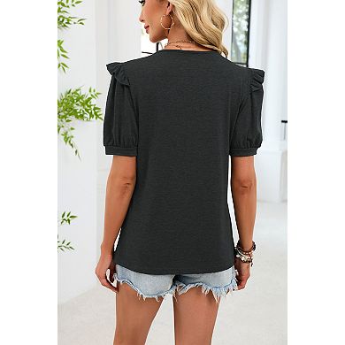 Women's Solid V-Neck T-Shirt Puff Short Sleeve Casual Summer Blouse