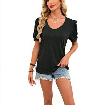 Women's Solid V-Neck T-Shirt Puff Short Sleeve Casual Summer Blouse