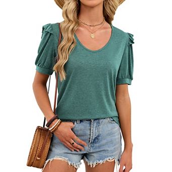 Women's Solid V-Neck T-Shirt Puff Short Sleeve Casual Summer Blouse