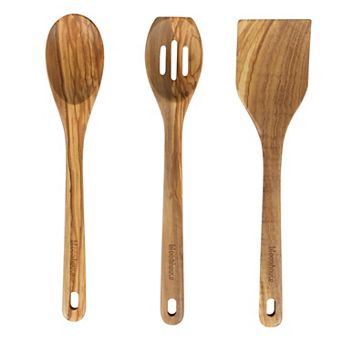 Bloomhouse 3 pc 14 in Turner Spoon and Slotted Spoon Kitchen Tool Set Olive Wood