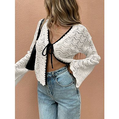Women Crochet Tie Front Cropped Cardigan Lightweight Summer Beach Shrug Tops