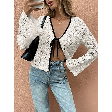 Women Crochet Tie Front Cropped Cardigan Lightweight Summer Beach Shrug Tops