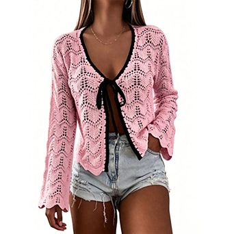 Women Crochet Tie Front Cropped Cardigan Lightweight Summer Beach Shrug Tops