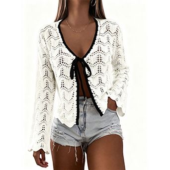 Women Crochet Tie Front Cropped Cardigan Lightweight Summer Beach Shrug Tops