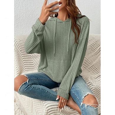 Women's Ribbed Knit Hoodie with Kangaroo Pocket Long Sleeve Pullover