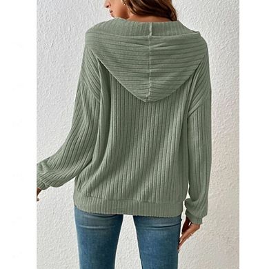 Women's Ribbed Knit Hoodie with Kangaroo Pocket Long Sleeve Pullover