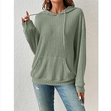 Women's Ribbed Knit Hoodie with Kangaroo Pocket Long Sleeve Pullover