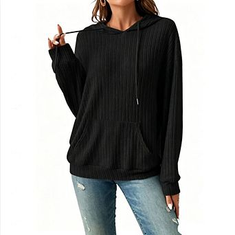 Women's Ribbed Knit Hoodie with Kangaroo Pocket Long Sleeve Pullover