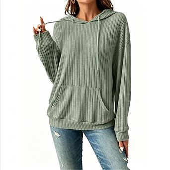 Women's Ribbed Knit Hoodie with Kangaroo Pocket Long Sleeve Pullover
