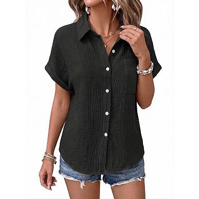 Women's Button-Up Shirt Casual Batwing Short Sleeve Blouse with Pockets