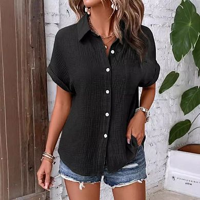 Women's Button-Up Shirt Casual Batwing Short Sleeve Blouse with Pockets