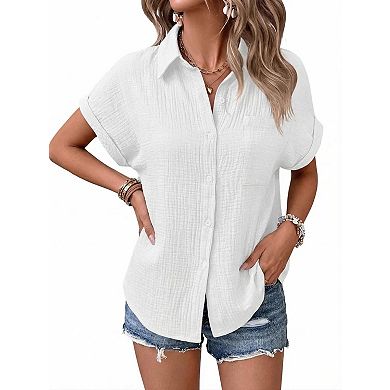 Women's Button-Up Shirt Casual Batwing Short Sleeve Blouse with Pockets