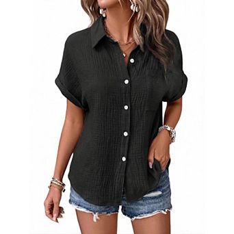 Women's Button-Up Shirt Casual Batwing Short Sleeve Blouse with Pockets