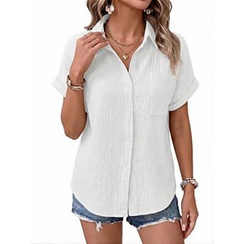 Women's Button-Up Shirt Casual Batwing Short Sleeve Blouse with Pockets