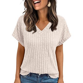 Women's V-Neck Ribbed Knit T-Shirt Casual Short Sleeve Summer Tops Blouse