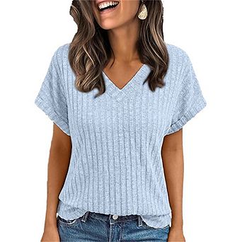 Women's V-Neck Ribbed Knit T-Shirt Casual Short Sleeve Summer Tops Blouse