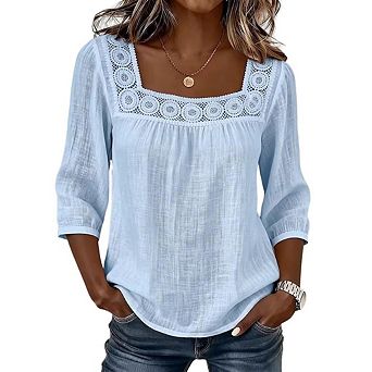 Women's Square Neck Lace Trim Blouse 3/4 Sleeve Casual Loose Tops T-Shirt
