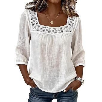 Women's Square Neck Lace Trim Blouse 3/4 Sleeve Casual Loose Tops T-Shirt