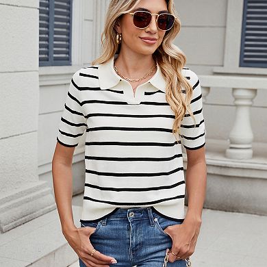 Women's Striped Knit Polo Shirt Short Sleeve Casual Sweater Top
