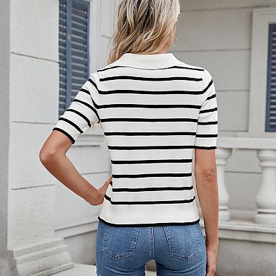 Women's Striped Knit Polo Shirt Short Sleeve Casual Sweater Top