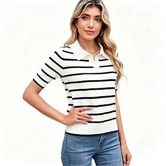 Women's Striped Knit Polo Shirt Short Sleeve Casual Sweater Top