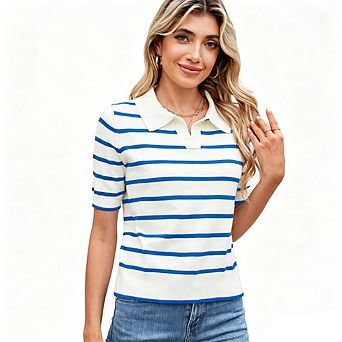 Women's Striped Knit Polo Shirt Short Sleeve Casual Sweater Top