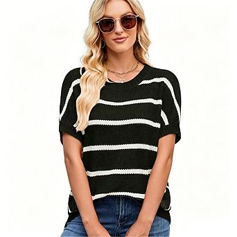 Women's Striped Knit Pullover Crew Neck Dolman Short Sleeve Sweater