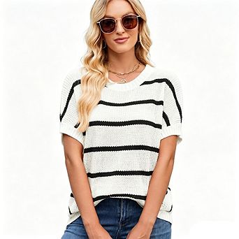 Women's Striped Knit Pullover Crew Neck Dolman Short Sleeve Sweater