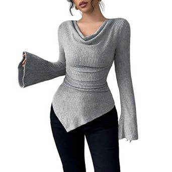 Women's Ribbed Knit Off-Shoulder Top Flare Sleeve Cowl Neck Slim Fit Blouse