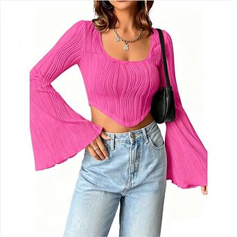 Women's Square Neck Flare Sleeve Crop Top Textured Long Sleeve Slim Fit T-Shirt